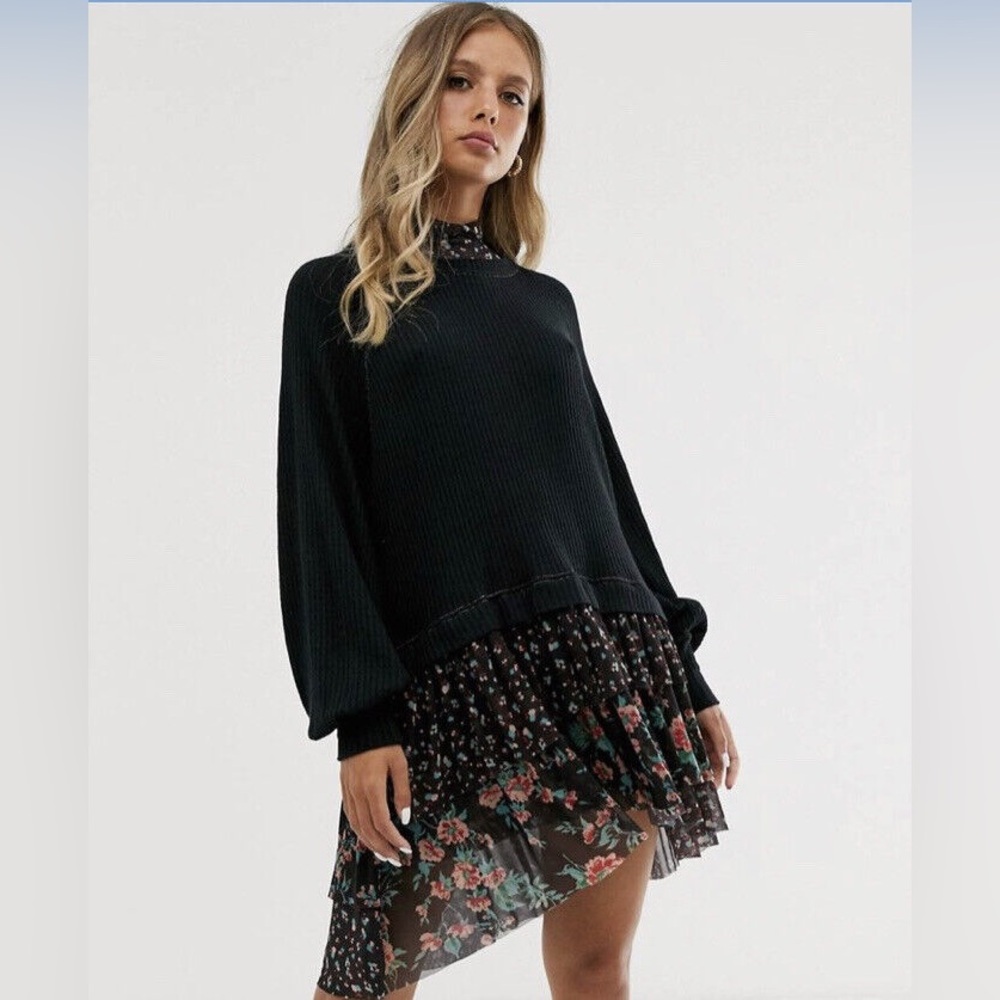 Free People Black Thermal Floral Tiered Bottom Long Sleeve Dress